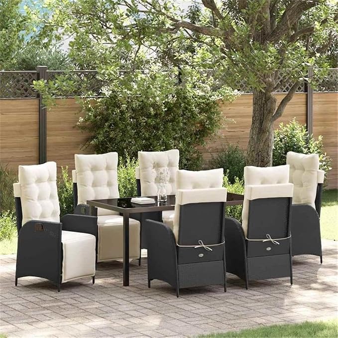 Afuera Living 7 Piece Poly Rattan Patio Dining Set, Black Finish, Cushioned Seats, Adjustable Footrests, Tempered Glass Tabletop, Powder-Coated Steel Frame, Outdoor Garden or Terrace Seating