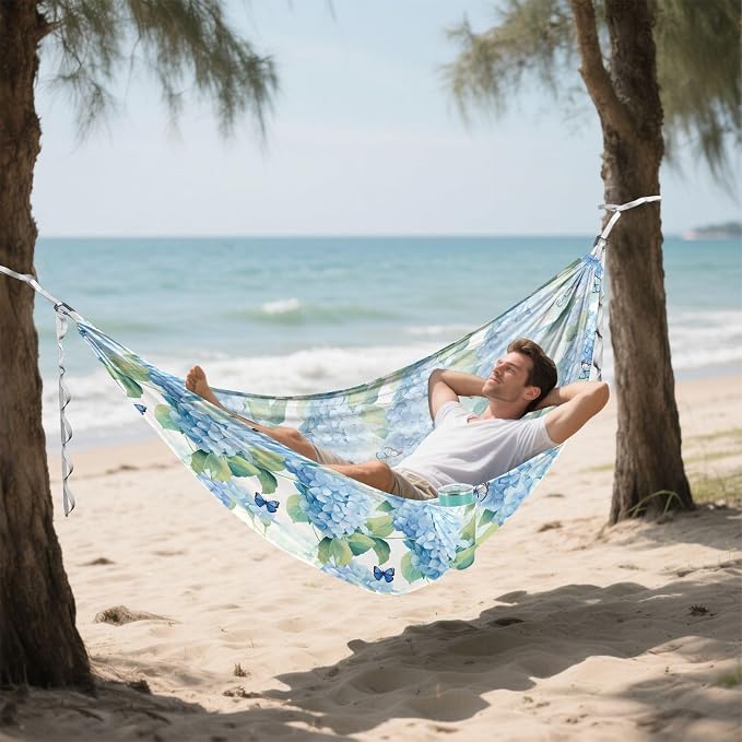 Camping Hammock Outdoor Hammocks for Outside Hydrangea Blue Butterfly Beach Trees Portable Lightweight with Pockets Tree Straps Indoor Small