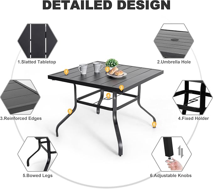 NUU GARDEN 5 Piece Outdoor Patio Dining Set for 4, Slatted Table with Umbrella Hole and 4 Stackable Textilene Chairs with Faux Wood Armrests, Black and Khaki
