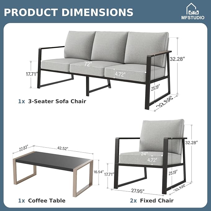MFSTUDIO 5 Seats Patio Furniture Sets, Olefin-Filled Textilene Fabric Backrest Outdoor Conversation Sets with Coffee Table, 4 Pieces Metal Frame Outdoor Sectional Sofa Sets for Garden, Backyard(Grey)