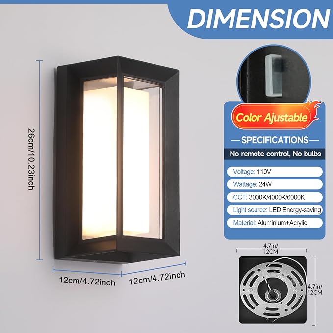 Outdoor Wall Lights Exterior/Interior LED 24W Adjustable 3-Color 2100LM IP65 Sconces Lights Waterproof Modern Outdoor Porch Lighting Fixtures Aluminum Wall Lights Compatible with Dimmers