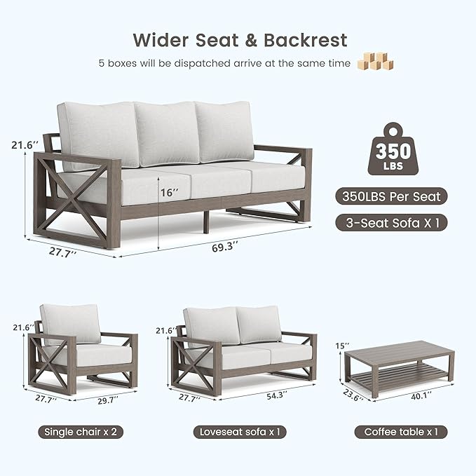 UDPATIO Aluminum Patio Furniture Set, Faux Wood Grain Modern Outdoor Furniture, 6" Cushions Metal Patio Conversation Sofa with Coffee Table for Poolside Deck, 8 PCS, Beige(Include 600D Covers)