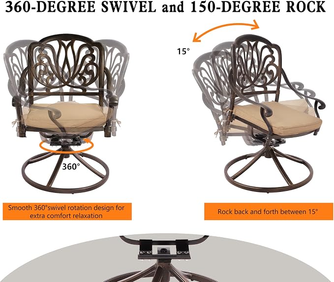 TITIMO 5-Piece Cast Aluminum Outdoor Patio Dining Set, 4 Pattern Chairs and Table, Cast Aluminum Conversation Set with 2.2” Umbrella Hole, 1 Round Table and 4 Swivel Chairs with Cushions (Khaki)