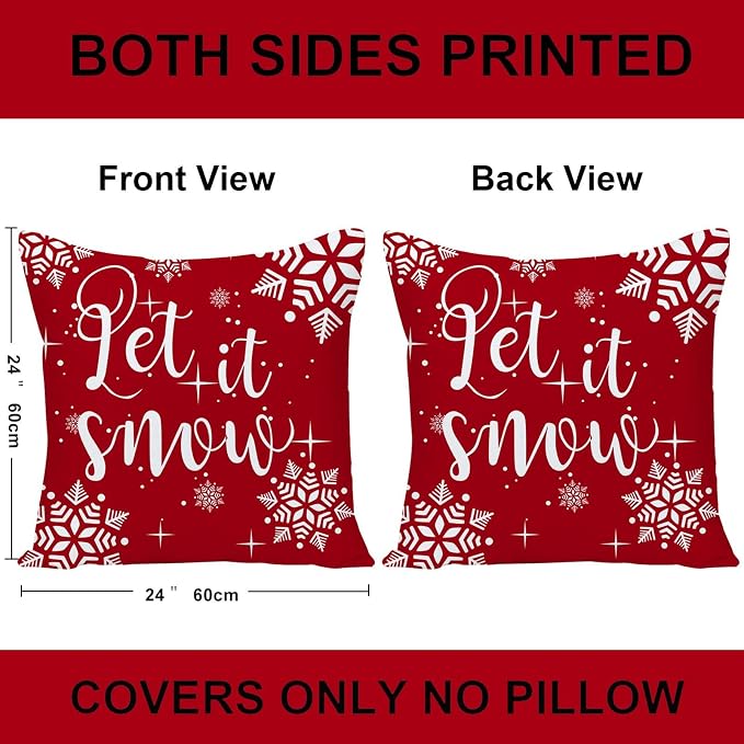 Christmas Pillow Covers 24x24, Merry Christmas Pillow Cases 24 x 24 Decorative Pillows Cases Square Red Christmas Tree Snowflake Winter Holiday Xmas Farmhouse Decor for Couch Sofa Set of 4