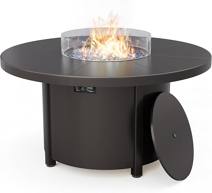 ALAULM 7-Piece Outdoor Dining Set for 6 Metal Outdoor Patio Furniture with 6 Swivel Chairs & 40000 BTU Round Fire Pit Table for Patio, Backyard, Garden-Grey