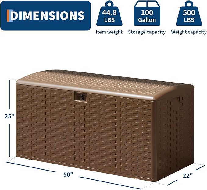 IDEALHOUSE 100 Gallon Waterproof Large Resin Deck Box for Indoor Outdoor Use, Lockable Plastic Storage Container with Lid, Waterproof & UV-Resistant for Patio Furniture Cushions Garden Tools, Brown