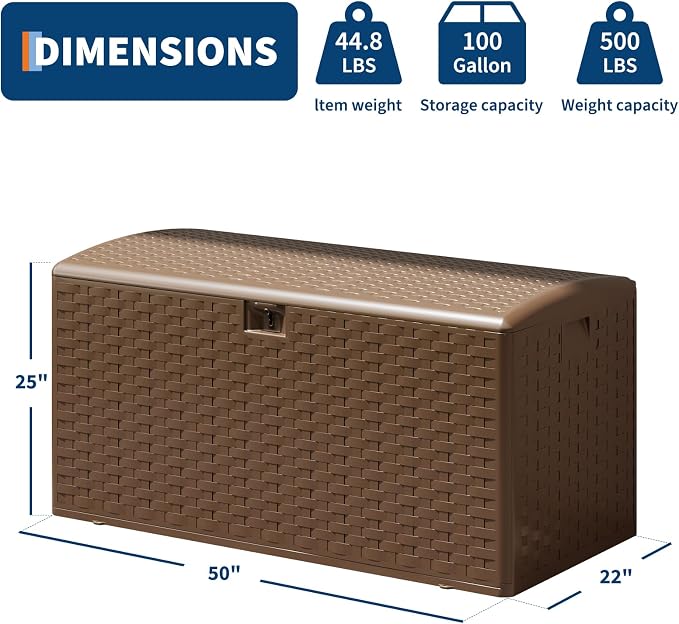 Patikuin 99 Gallon Brown Resin Outdoor Deck Storage Box - Waterproof & Lockable Bench with Gas Struts - UV-Resistant Rattan Texture for Cushions, Garden Tools, Pool Accessories - Patio Storage, Brown