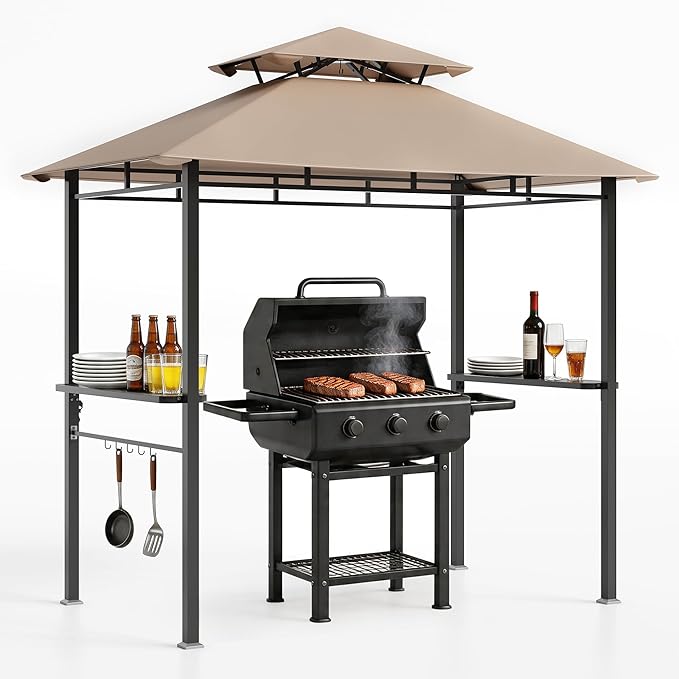 Garvee 8' x 5' Outdoor BBQ Grill Gazebo, Double-Tiered Vented Patio Canopy Tent with 2 Side Shelves for Cooking and Outdoor Entertaining
