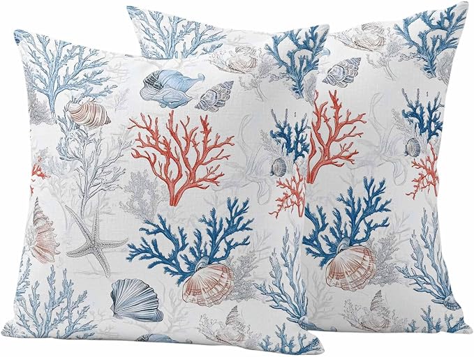 Summer Nautical Outdoor Waterproof Throw Pillow Covers Set of 2, 16"x16", Red Blue Coral Seashell Coastal Vintage Decorative Pillow Covers Outside Cushion Case for Patio Porch Garden