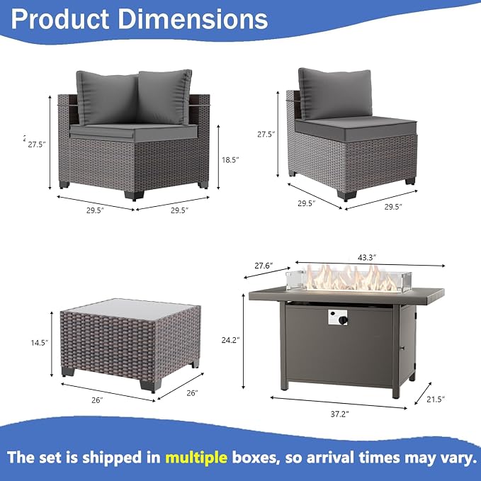 11 Pieces Outdoor Patio Furniture Set,Outdoor Sectional Furniture with 45" 55000 BTU Gas Propane Fire Pit Table,PE Rattan Wicker Patio Conversation Set,Swivel Rocking Chairs Set,Grey