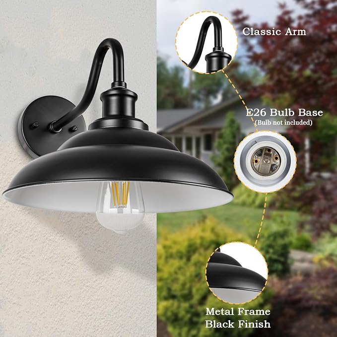 Outdoor Barn Light, 12'' Farmhouse Exterior Wall Mount Light, Outdoor Indoor Wall Sconce, Vintage Outside Lighting, Industrial Black Lantern for Garage Patio, 2 Pack