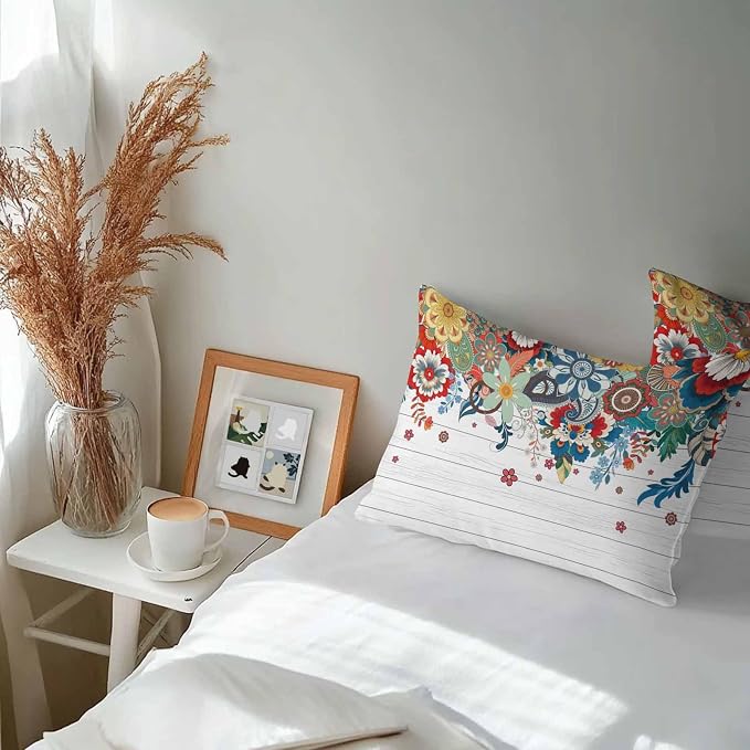 Boho Flowers Waterproof Outdoor Pillow Covers Set of 2 Home Decor, Bohemian Abstract Floral Vintage Wood Plank Pillowcase Patio Pillow Covers for Couch Bench Furniture Garden 20x12in