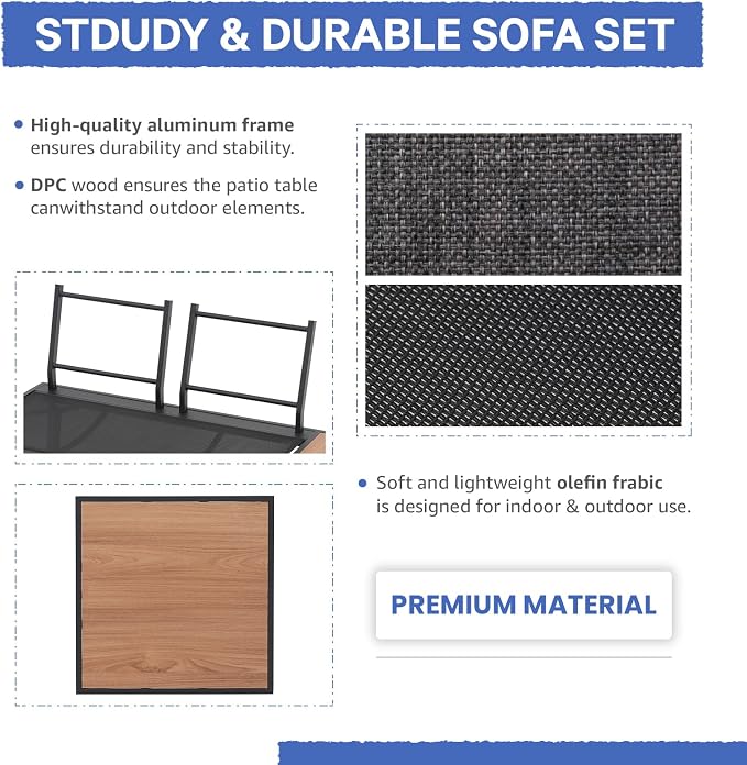 SUNSITT 4-Piece Outdoor Patio Furniture Set L-Shaped Aluminum Sectional Sofa with Faux Wood Grain Top Coffee Table, All-Weather Patio Conversation Set with Cushions, Dark Grey