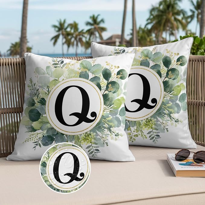 Letter Q Waterproof Outdoor Pillow Covers Set of 2 Home Decor, Alphabet Green Eucalyptus Leaves Pillowcase Patio Pillow Covers for Couch Bench Patio Furniture Garden 24x24in