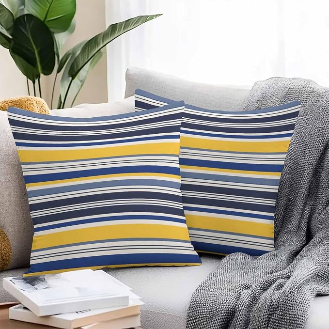 Outdoor Waterproof Throw Pillow Covers Set of 2 Yellow Stripes Lines Pillowcases 20x20 Inches Navy Blue Classic Striped Decorative Pillows Cushion Case Patio Pillows for Couch Bed Chair Garden