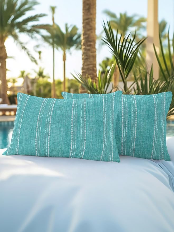 Waterproof Outdoor Pillow Set of 2 Aqua Linen Stripes Decorative Throw Pillows Cover & Insert 20x12 Inch Lumbar Pillowcase Parallel Vertical Lines Pillows for Couch Sofa Bed Patio Furniture