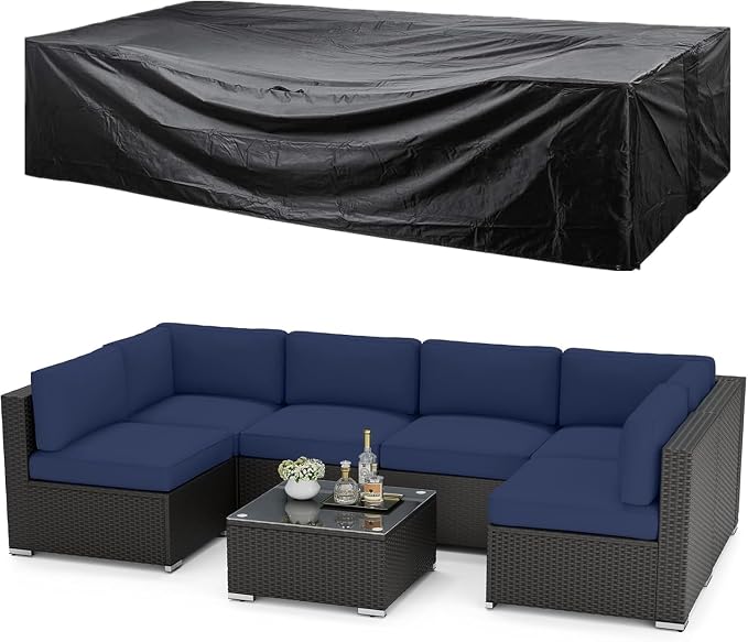 SUNCROWN 7-Piece Outdoor Patio Furniture Sofa Set All-Weather Wicker Sectional Cushioned Set with Modern Glass Coffee Table, Cushions and A Waterproof Cover(Dark Blue)