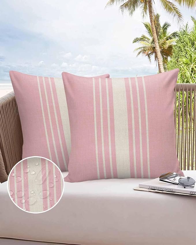 Vandarllin Outdoor Throw Pillows Covers 18x18 inch Set of 2 Waterproof Pink Vertical Stripes Decorative Zippered Cushion Covers for Patio Furniture, Classic Striped Linen Lumbar Pillowcases