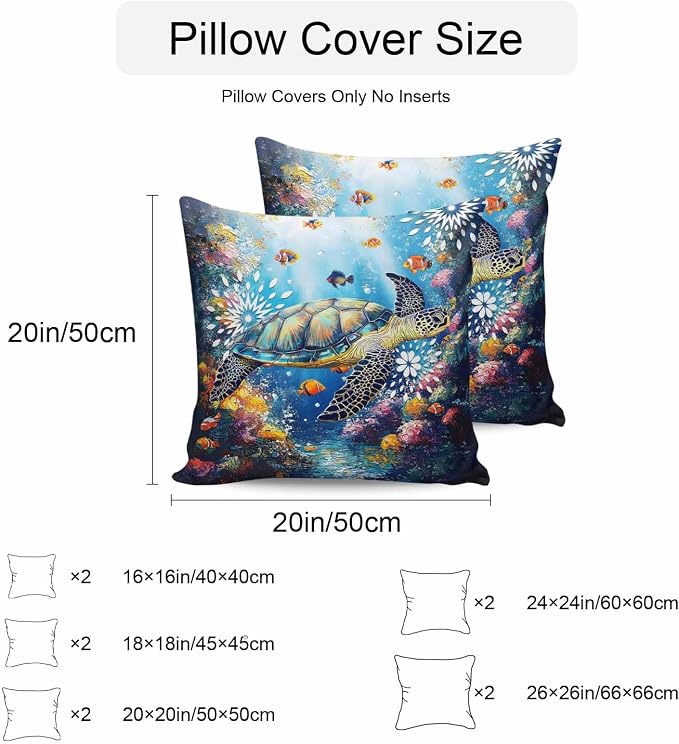 Turtle Waterproof Outdoor Pillow Covers Set of 2 Home Decor, Ocean Fish Coral Underwater World Cartoon Pillowcase Patio Pillow Covers for Couch Bench Furniture Garden 16x16in