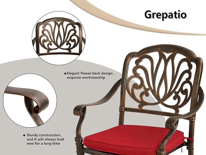 Grepatio 2 Piece Outdoor Cast Aluminum Dining Chairs, Patio Bistro Chair Set of 2, Modern Patterned Back Metal Chairs with Cushion, Antique Bronze (Red)