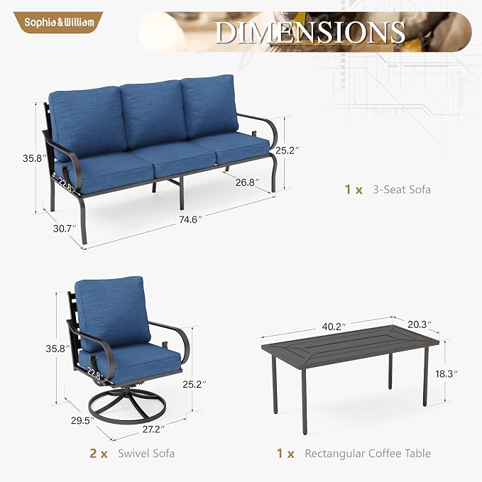 Sophia & William Patio Conversation Set for 7, 3-Seater Sofa, 4 Swivel Chairs and a Coffee Table, Metal Outdoor Furniture with 5.75" Extra Thick Cushions, Navy