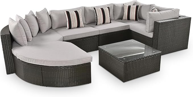 7-Piece Outdoor Wicker Sofa Set, Rattan Sofa Lounger with Striped Pillows, Gray Cushion, Conversation Sofa Set with Coffee Table, for Patio, Garden, Deck (Brown Wicker+Gray Cushion-@A)