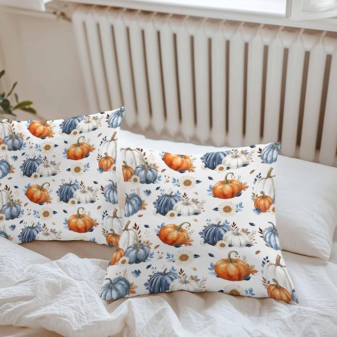 Fall Outdoor Throw Pillows Covers 20x20 inch Set of 2 Waterproof Orange Blue White Pumpkin Zippered Cushion Covers for Patio Furniture, Flowers Autumn Maple Leaf Thanksgiving Lumbar Pillowcases