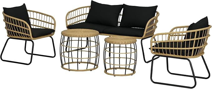 Outsunny 5 Piece PE Rattan Outdoor Furniture Set with Cushioned Chairs & Loveseat Sofa, Patio Sectional Furniture Set, Conversation Sofa Set with Stackable Coffee Tables, Black