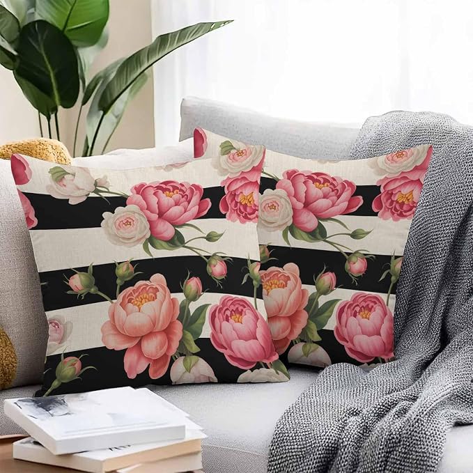 Outdoor Waterproof Throw Pillow Covers Set of 2 Pink Peony Rose Pillowcases 26x26 Inches Floral Black Stripes Linen Decorative Pillows Cushion Case Patio Pillows for Couch Bed Chair Garden