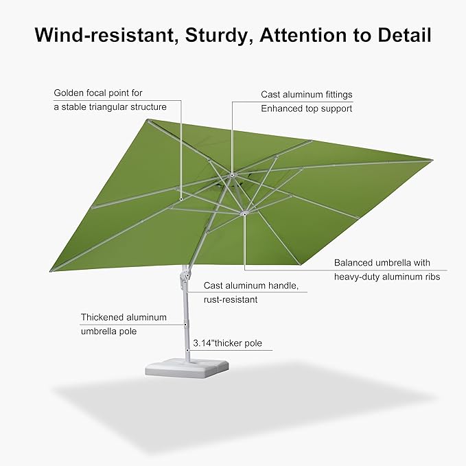PURPLE LEAF 10' × 13' Patio Umbrella With Base White Cantilever Umbrella Square Outdoor Offset Umbrella Windproof with 360° Rotation for Garden Deck Pool, Macaw Green