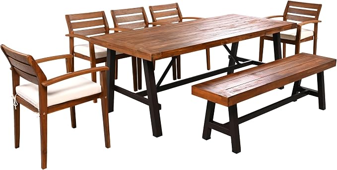 Merax Patio Table and Chairs Set for 8, Outdoor Dining Set Includes 78.7" Thicker Acacia Wood Patio Table, 5 Patio Chairs with Cushions and 1 Bench for Backyard, Courtyard, Poolside, Natural