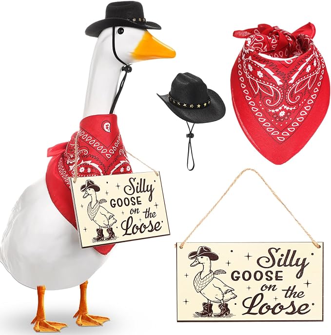 Funny Porch Goose Outfit Decoration Set Silly Goose on The Loose Hangings Sign Cowboy with Outfit Cowboy Hat Bandana for 23" Cement/Plastic Outdoor Statue Patio Yard Lawn Art(Red,Black)