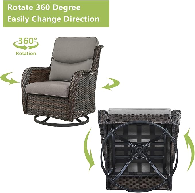 Rilyson Wicker Patio Furniture Set - 5 Piece Rattan Outdoor Sectional Conversation Sets with 2 Swivel Rocking Chairs,2 Ottomans and 1 Side Table for Porch Deck Garden(Brown/Grey/Smile)