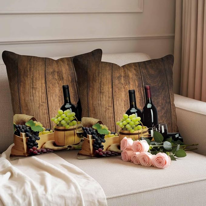 Outdoor Pillow Covers 16 x 16 Inches, Red Wines Waterproof Throw Pillow Cover Set of 2, Champagne Grapes Galsses Country Wooden Plank Decorative Square Cushion Covers for Patio/Couch/Garden
