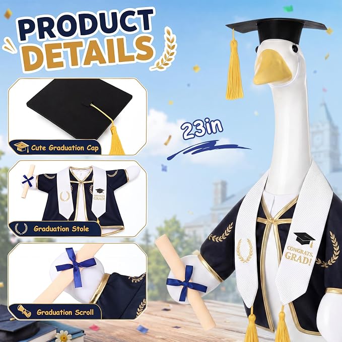 Graduation Porch Goose Outfit Goose Dress Clothes with Grad Sash, Cap and Gown Costume for 23" Gooses Statue Decoration Patio Yard Garden Lawn Outdoor Decors