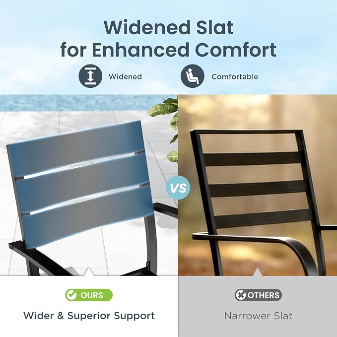 PHI VILLA 9 Pcs Outdoor Dining Set, 57.5" Square Brown Table | 57.5”Black Metal Table w/Umbrella Hole&Stackable Iron Chairs, Large Outside Furniture Set for Deck, Yard, Porch