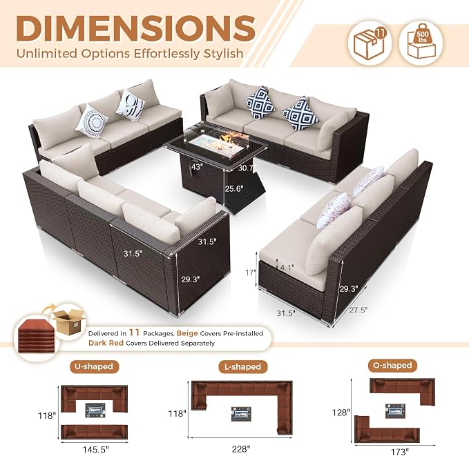 BULEXYARD 13 Piece High Back Wicker Patio Furniture Sets with Fire Pit, Elegant XL Oversized Outdoor Seating Set Modular, Comfy Extra Deep Wide 12-Person Sectional Couch Sofa for Backyard, Brown & Red