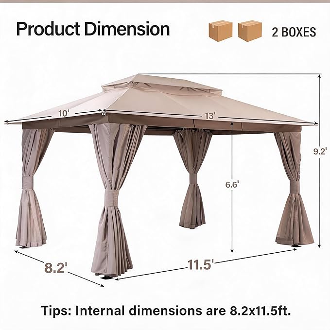 LAUSAINT HOME 10'x13' Outdoor Gazebo, Upgraded Metal Frame Heavy Duty Patio Canopy Tent Shelter with Double Roofs, Mosquito Nettings and Privacy Screens for Backyard, Garden, Lawn, Khaki