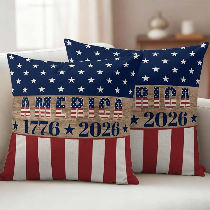 250th Anniversary Outdoor Pillow Covers 18"x18" Set of 2, Waterproof Throw Pillow Covers for Patio Furniture, USA Flag Red Striped Blue Star Retro Decorative Cushion Covers for Porch