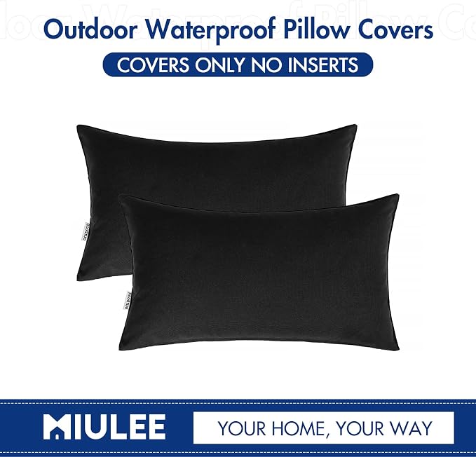 MIULEE Decorative Outdoor Waterproof Pillow Covers 12x20 Black | Decorative Patio Furniture,Pack of 2,Accent Lumbar Soild Throw Pillow Covers,Summer Garden Tent Couch Sofa