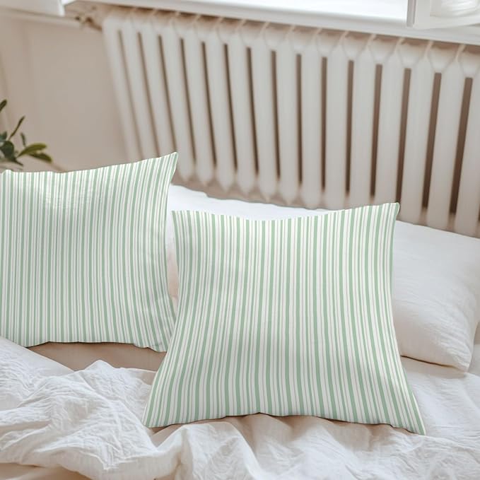 Green Vertical Stripes Waterproof Outdoor Pillow Covers Set of 2 Home Decor, Spring Pinstripes Apricot Lines Pillowcase Patio Pillow Covers for Couch Bench Patio Furniture Garden 24x24in