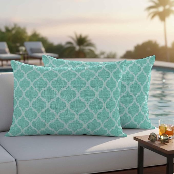Turquoise Moroccan Outdoor Pillow Covers 20x12 Inch Lumbar Pillow Covers Set of 2 Waterproof Decorative Throw Pillow Cases Morocco Boho Ethnic Abstract Geometric Cushion Covers for Patio Furniture