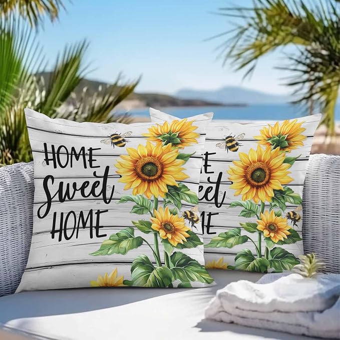 Throw Pillow Covers 24x24 Inch Set of 2, Yellow Sunflower Waterproof Outdoor Pillow Covers, Bee Wooden Grain Country Farmhouse Decorative Cushion Pillowcases for Couch, Sofa, Bed, Garden, Patio