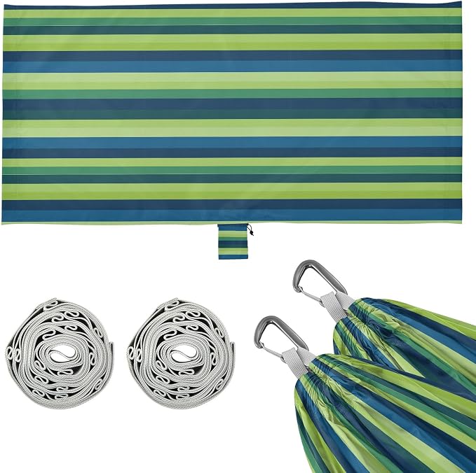 Camping Hammock Outdoor Hammocks for Outside Green Blue Stripe Beach Trees Portable Lightweight with Pockets Tree Straps Indoor