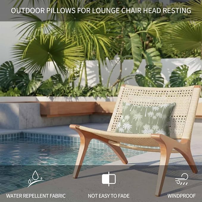 Tropical Palm Tree Outdoor Pillows for Chaise Lounge Chair Waterproof Lumbar Pillows with Insert&Adjustable Elastic Strap Beach Headrest Pillow Sage Green Plants Coastal Leaf Beach Pool Pillow 12"x20"
