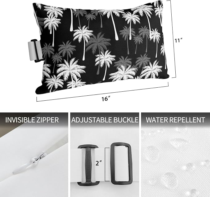 Tropical Palm Tree Outdoor Pillows for Chaise Lounge Chair Beach Headrest Pillow Set of 2 Waterproof Lumbar Pillows with Insert&Strap Black White Plants Coastal Leaf Beach Pool Pillow 11"x16"