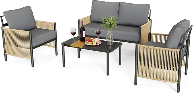 Aluminum Patio Furniture Set, 4 Seats Outdoor Patio Furniture with Coffee Table, Outdoor Wicker Conversation Sets with Cushion for Backyard, Balcony,Porch,Dark Grey