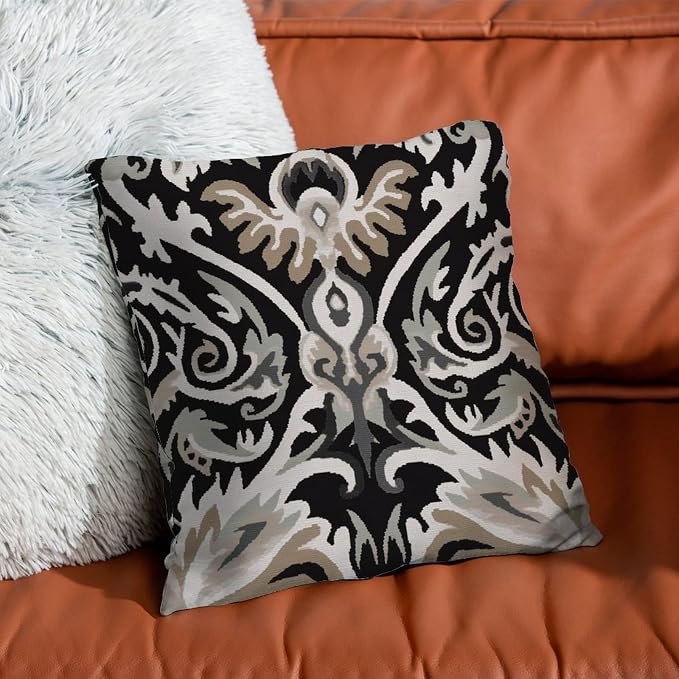 Ikat Black Brown Throw Pillow Covers Euro Sham Charcoal Cushion Cover 26x26 INRustic Accent Decorative Cushion Cases Home Decor for Patio Funiture Garden