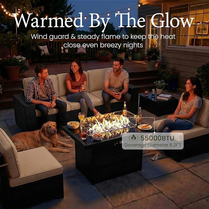 LayinSun 7 Pieces Outdoor Patio Furniture Set with 44" Fire Pit Table Rattan Sectional Sofa Conversation Sets