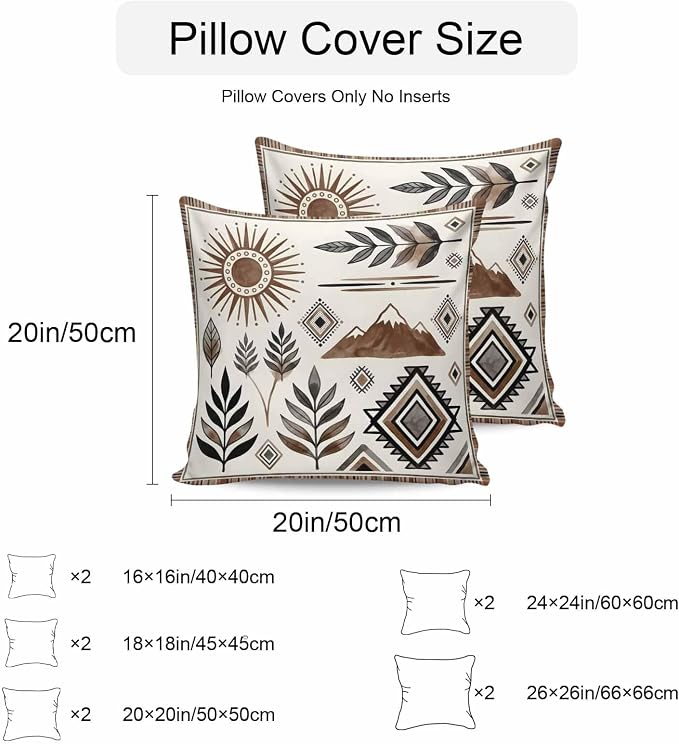 Bohemian Waterproof Outdoor Throw Pillow Covers 18''x18'' Pack 2, Mountain Peak Southwest Boho Brown Distressed Pillow Cases Throw Cushion Cover with Zipper, Washable Pillowcase for Poolside Sofa